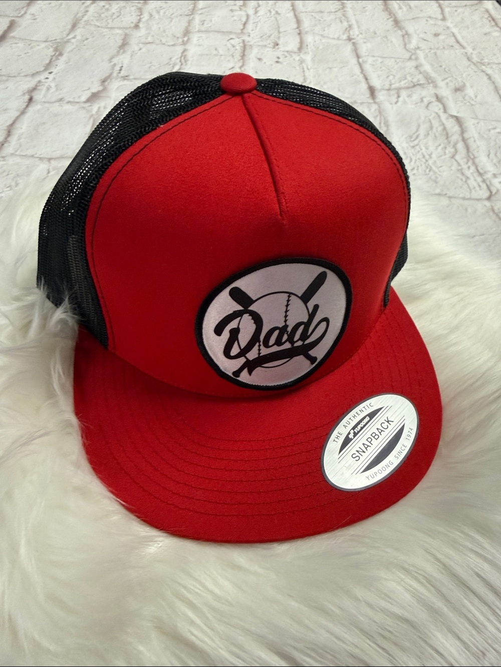 Red Dad Trucker Snapback Hat for Dads with baseball or Softball with bats patch